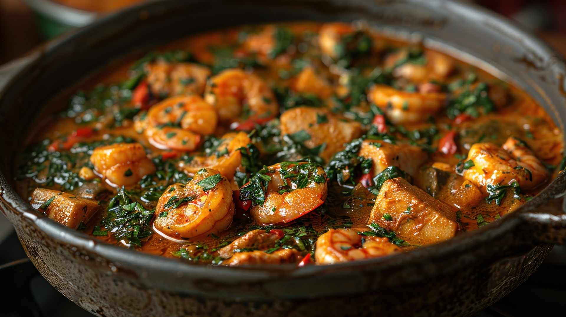 African Ndolé with Crushed Peanuts and Spicy Prawns