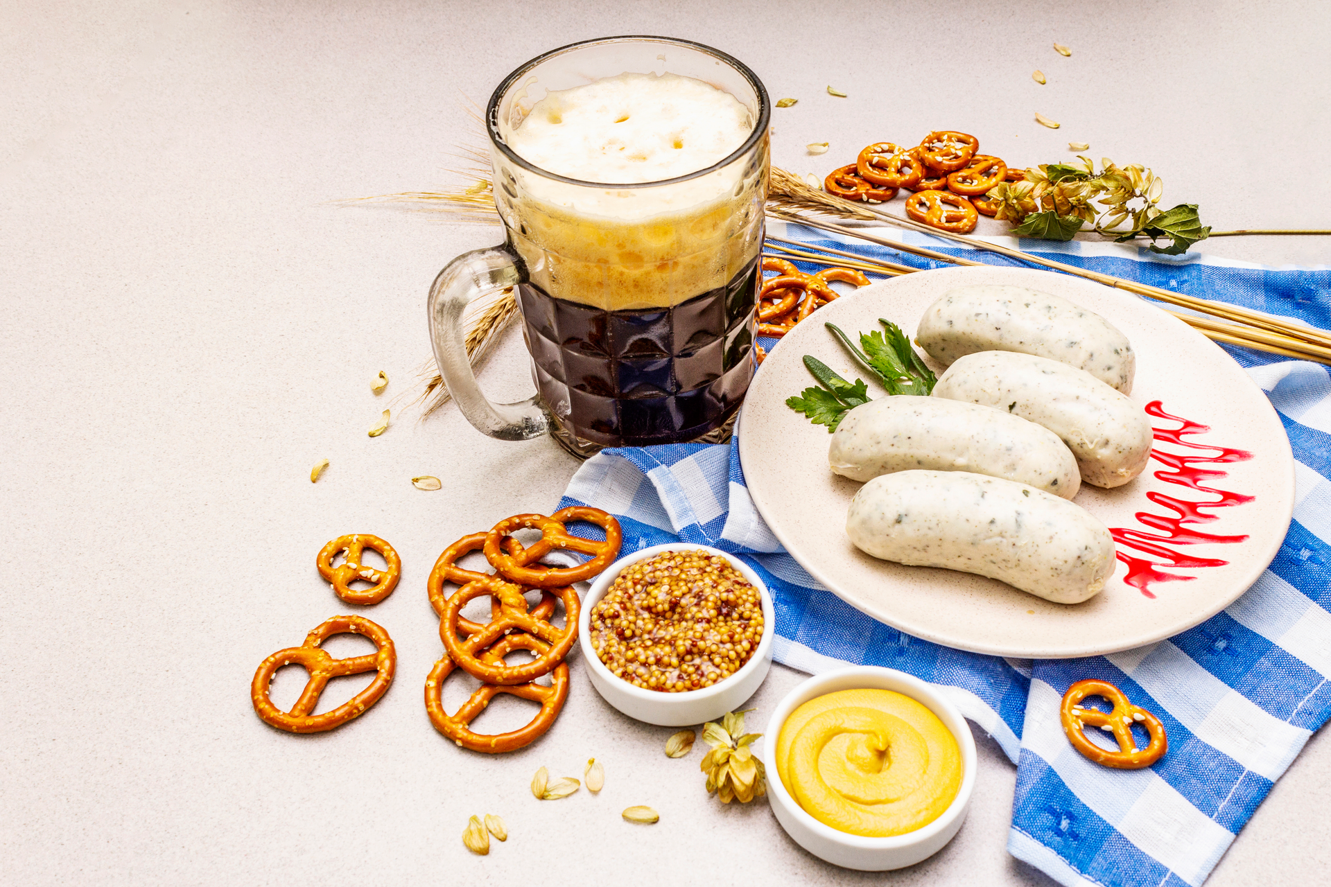 Bavarian Weisswurst with Sweet Mustard and Pretzel