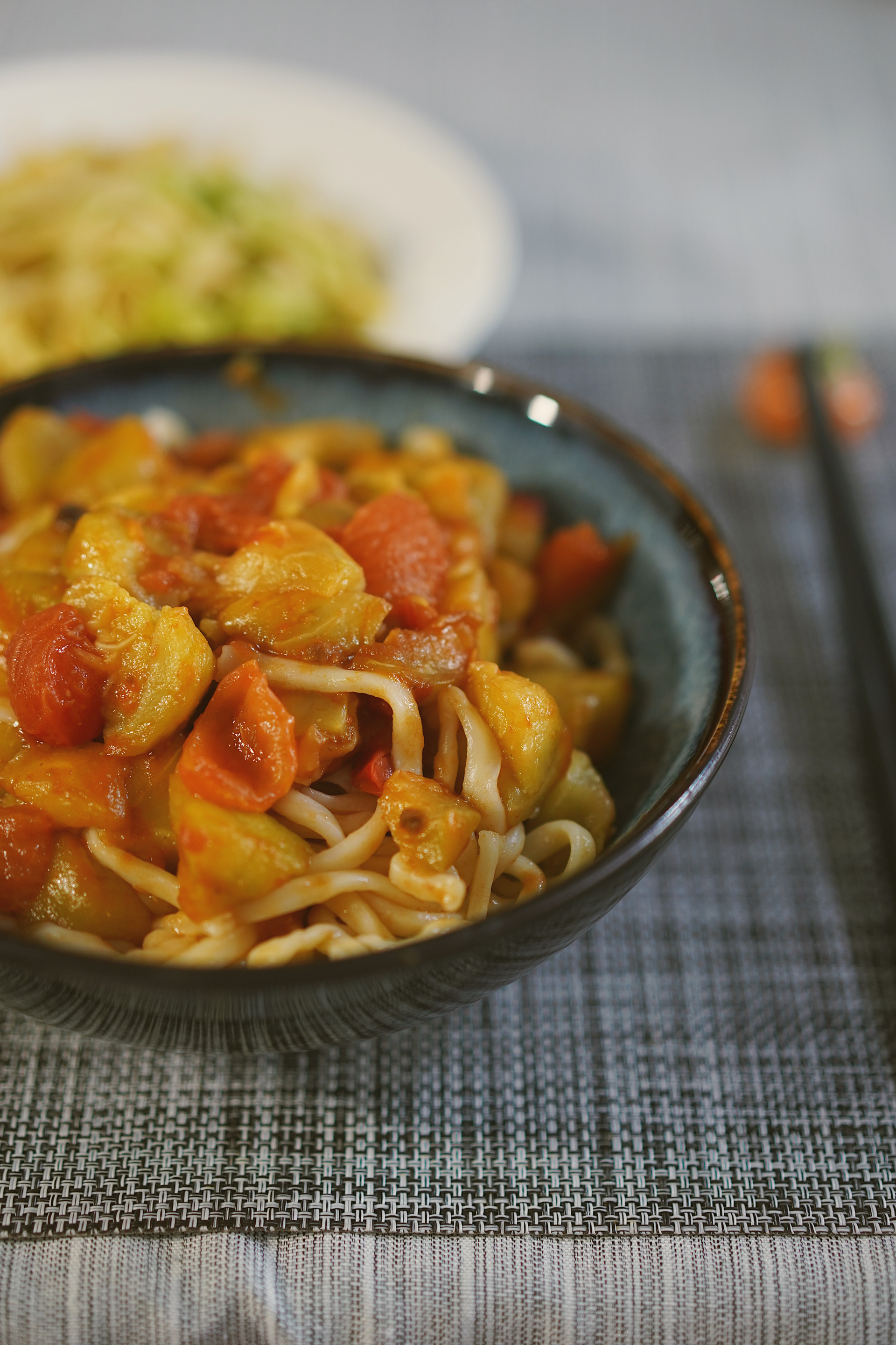 Caribbean Pumpkin Noodle Curry with Piquant Pepper Sauce