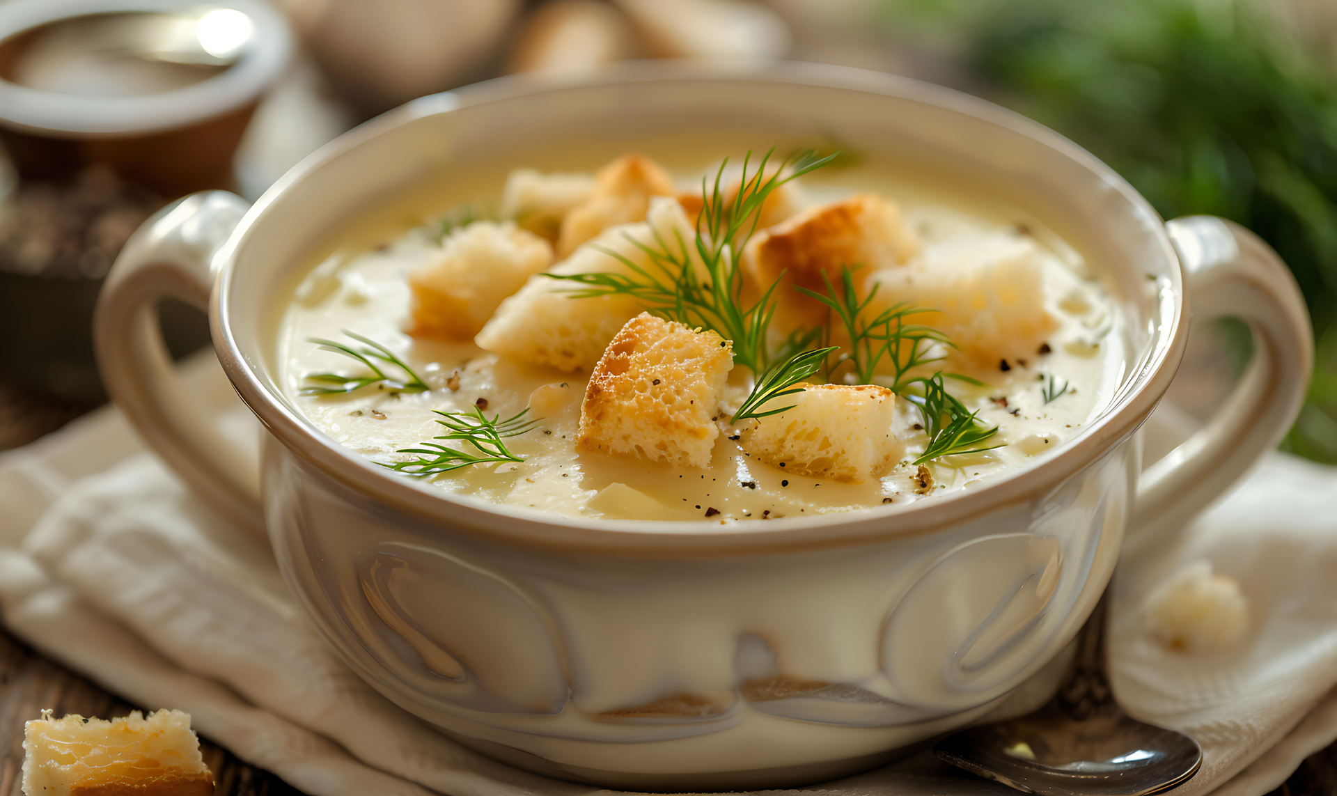 Creamy Austrian Garlic Soup with Croutons and Caraway