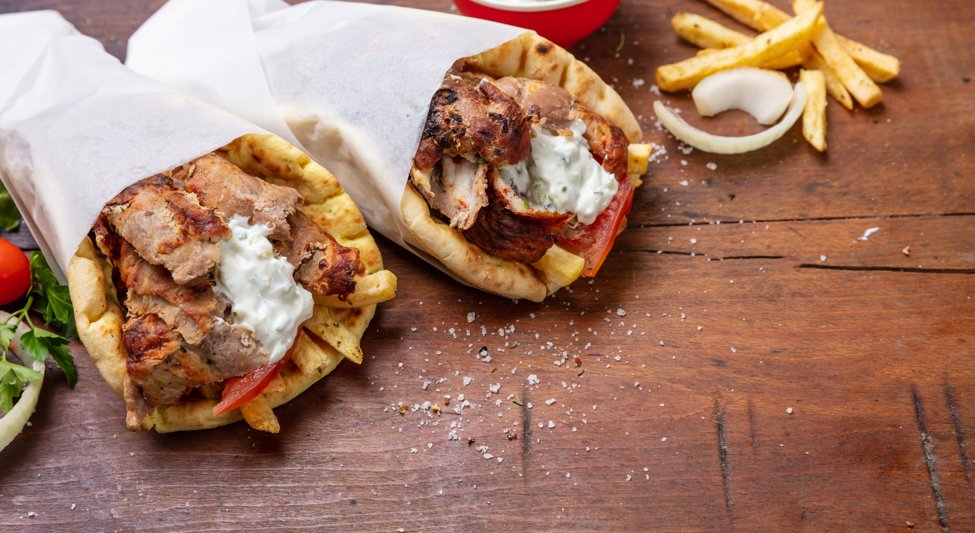 Fiery Greek Chicken Gyros with Feta and Hot Pepper Spread