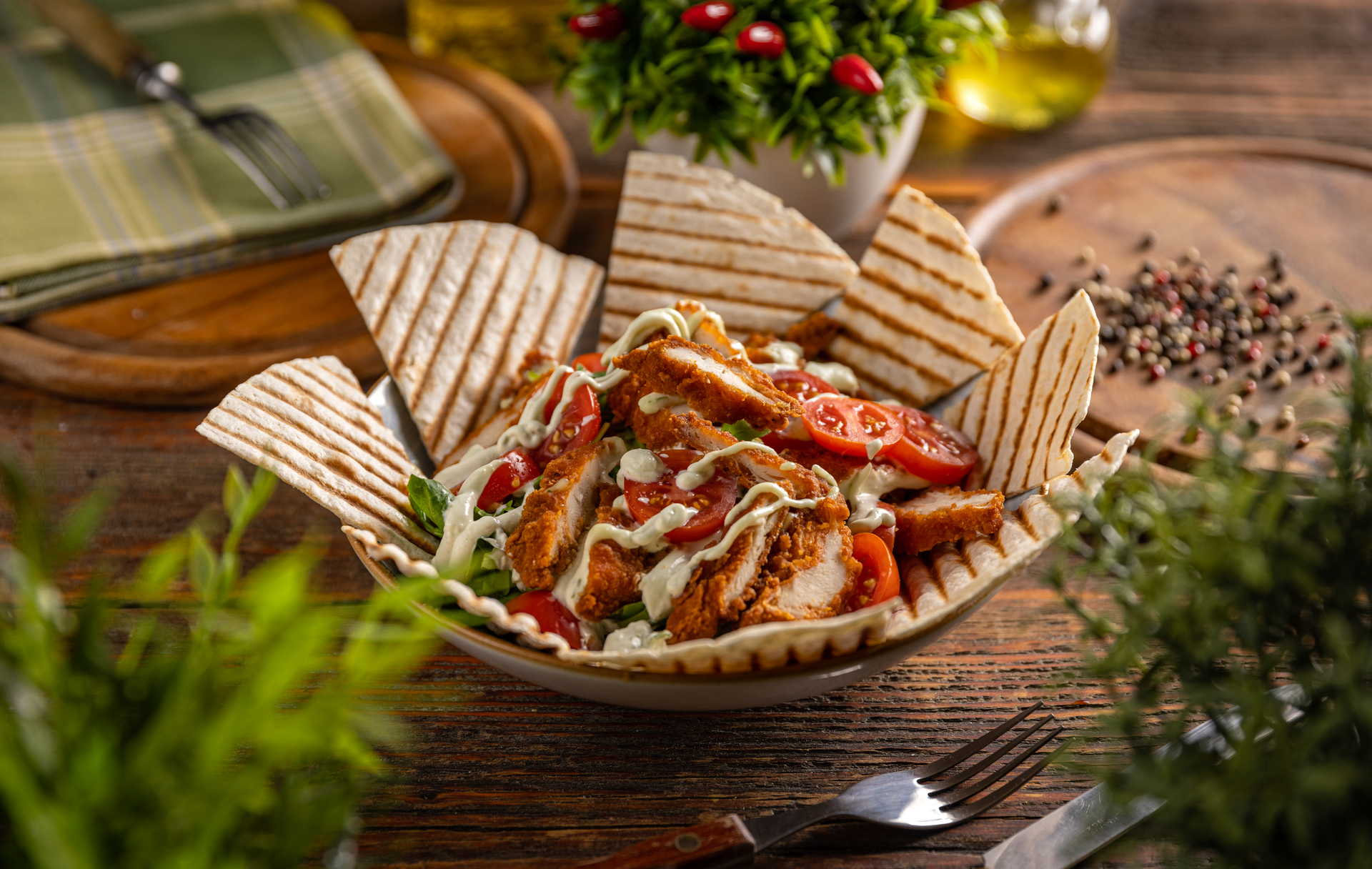 Fiery Greek Chicken Gyros with Feta and Hot Pepper Spread