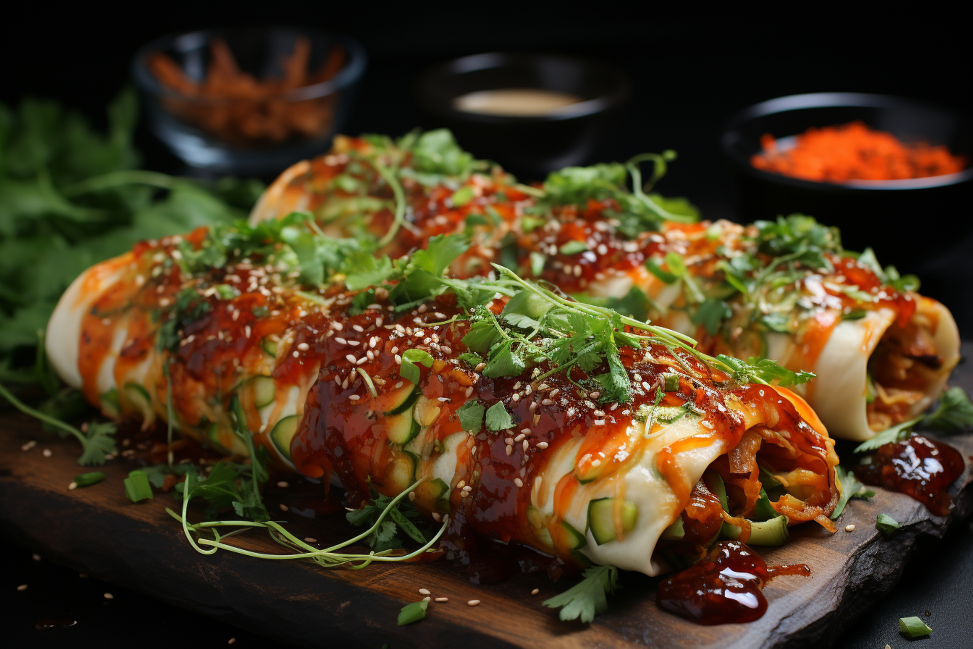 Fiery Korean Bibimbap Burritos with Gochujang Sauce