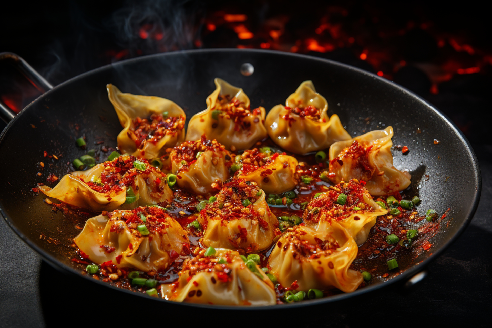 Fiery Sichuan Spicy Chicken Wontons with Chili Oil