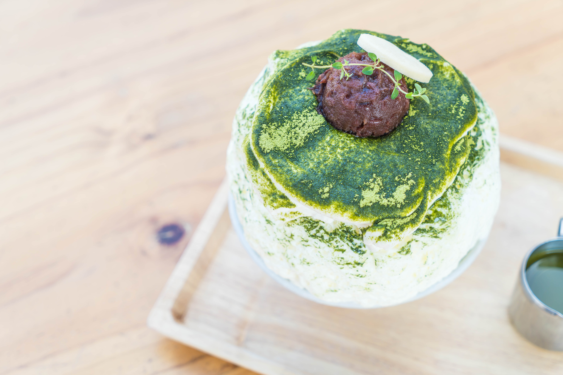 Fluffy Japanese Matcha Pancakes with Red Bean Cream