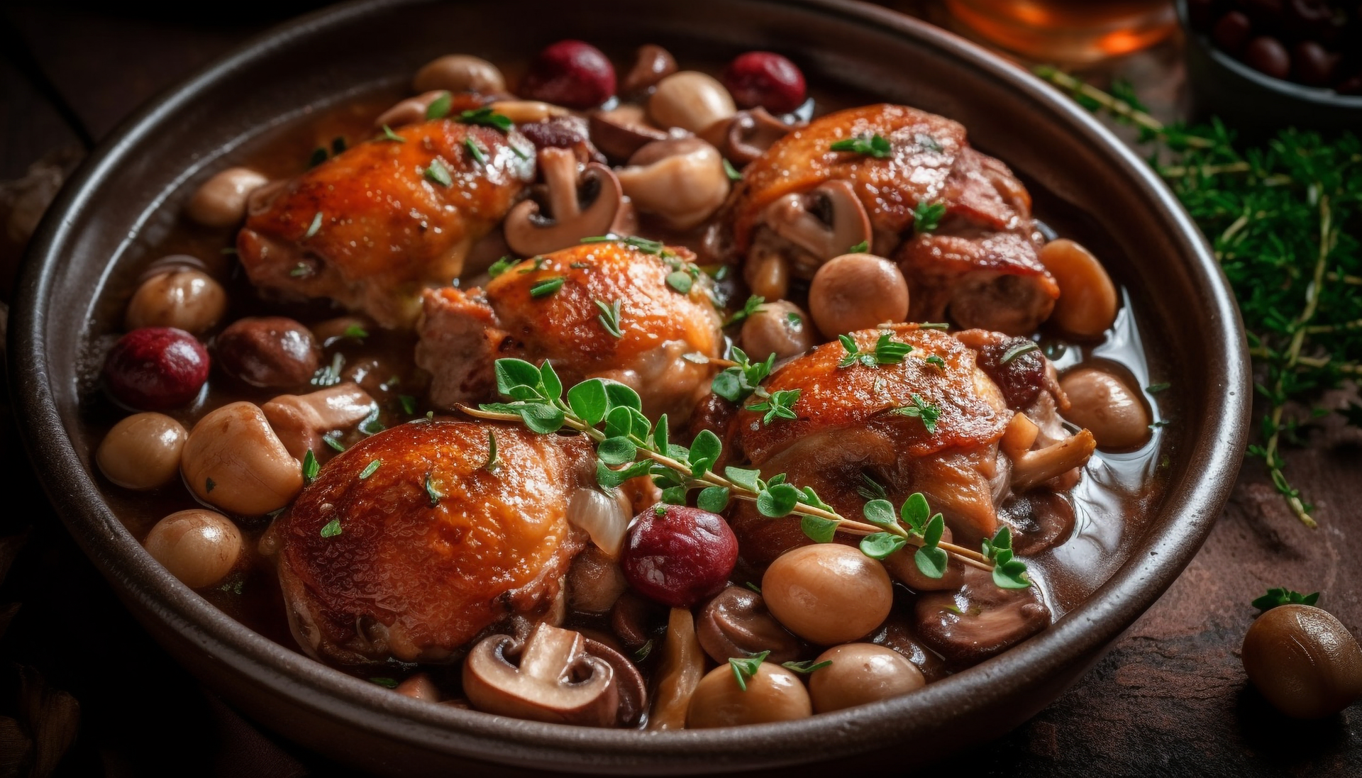 French Coq au Vin with Pearl Onions and Mushrooms