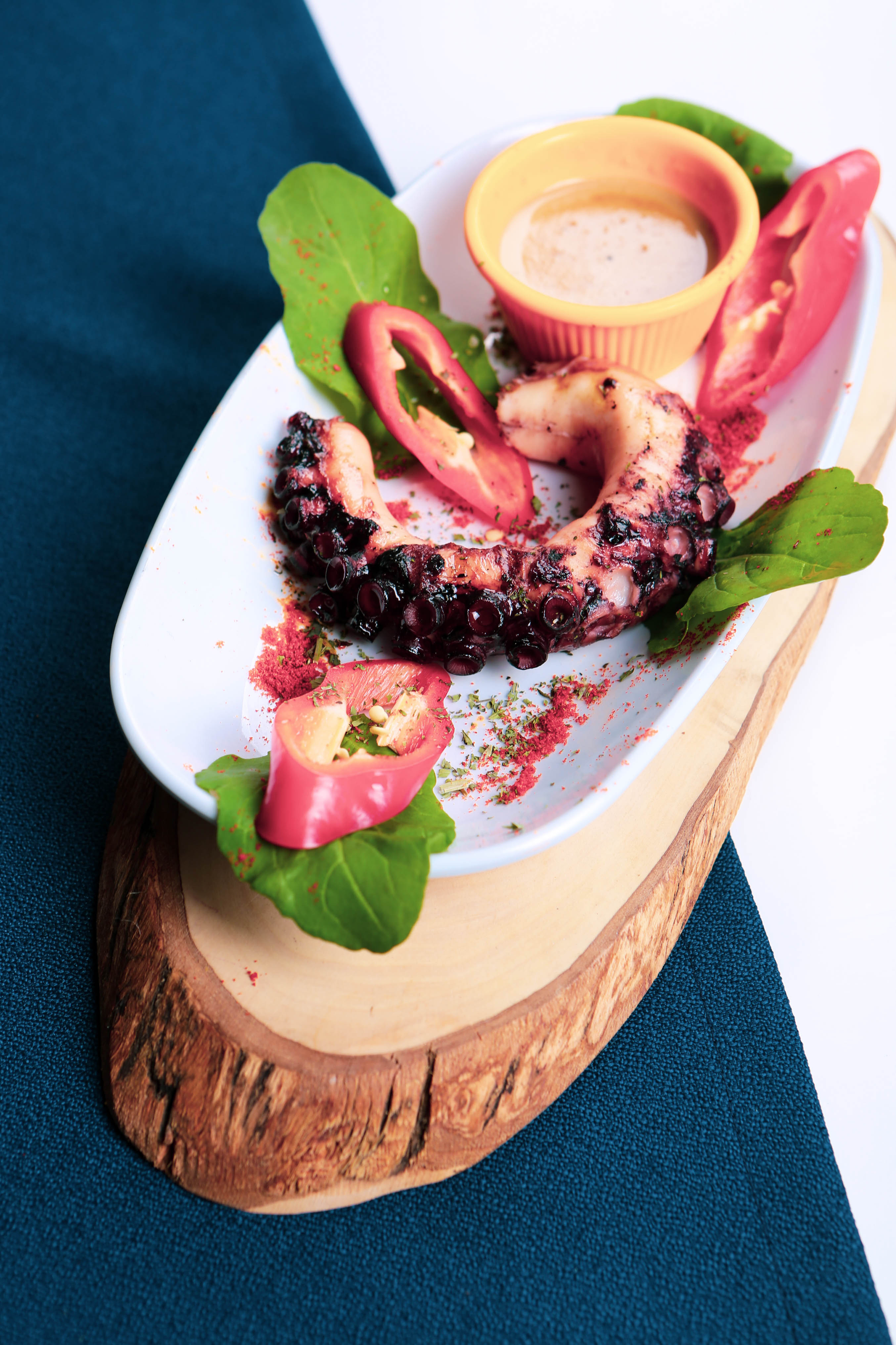 Herb-Infused Tangy Greek Octopus Souvlaki with Garlic Herb Dip