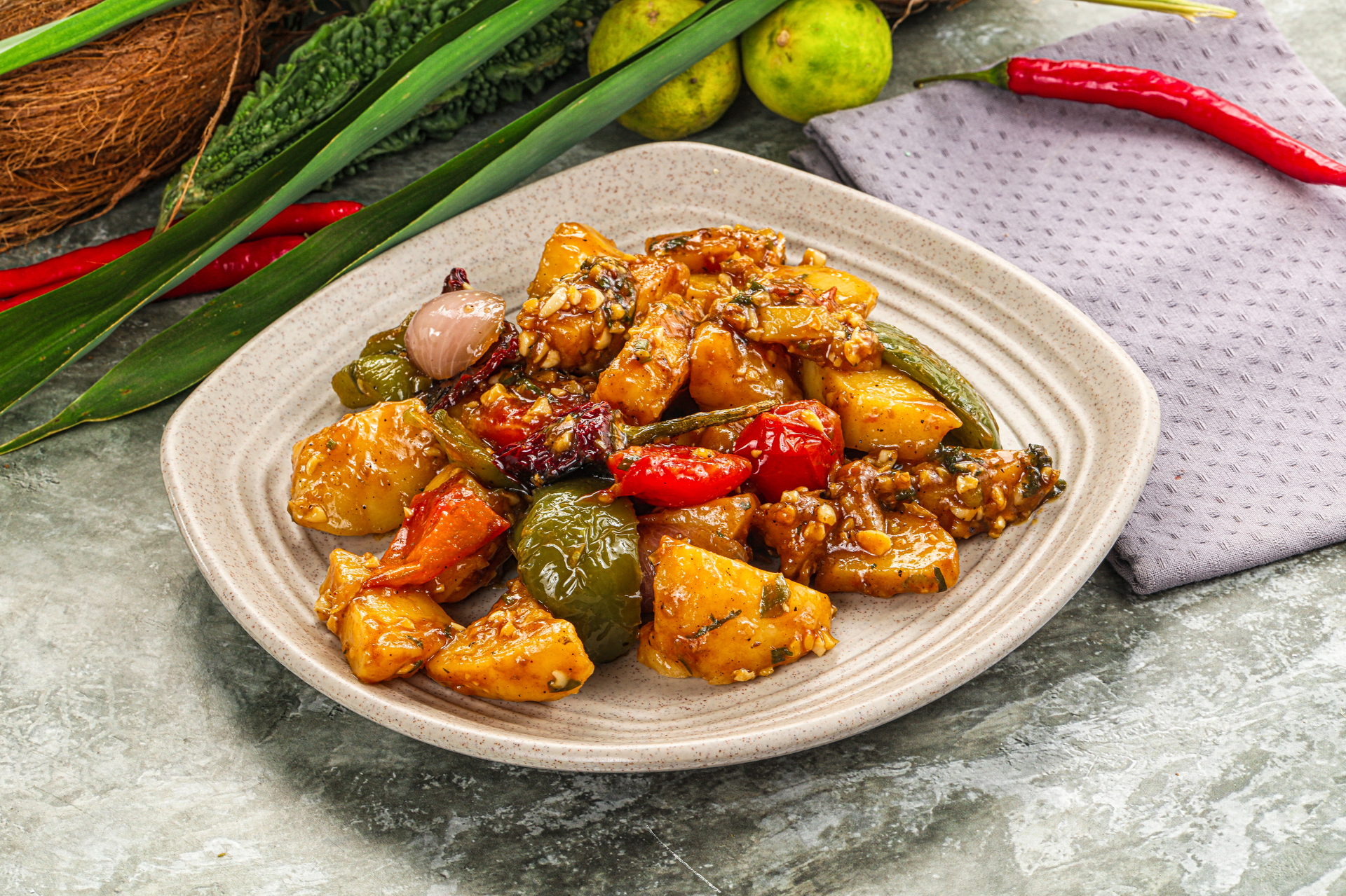 Indonesian Belado Balado with Fried Tofu and Potato