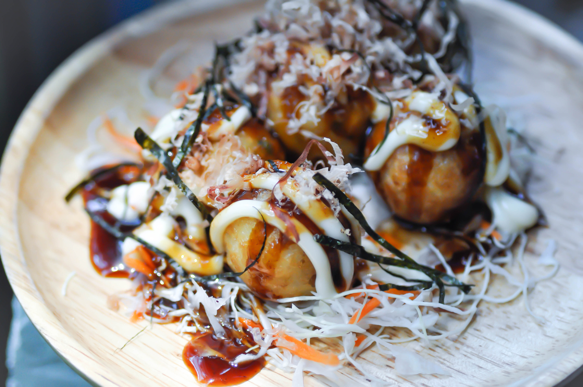 Japanese Takoyaki with Pickled Ginger and Bonito Flakes