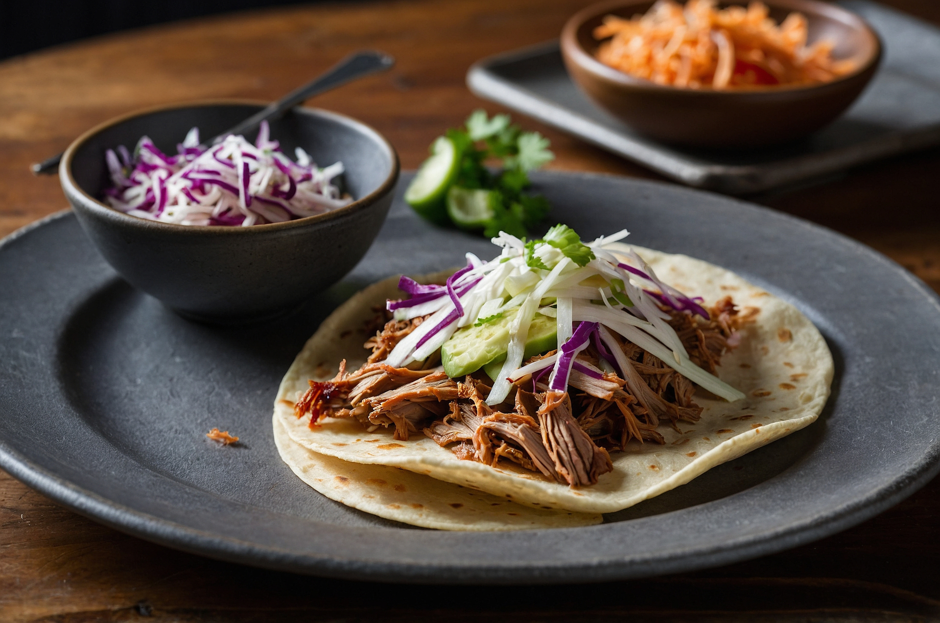 Korean Gochujang Pulled Pork Tacos with Kimchi Slaw