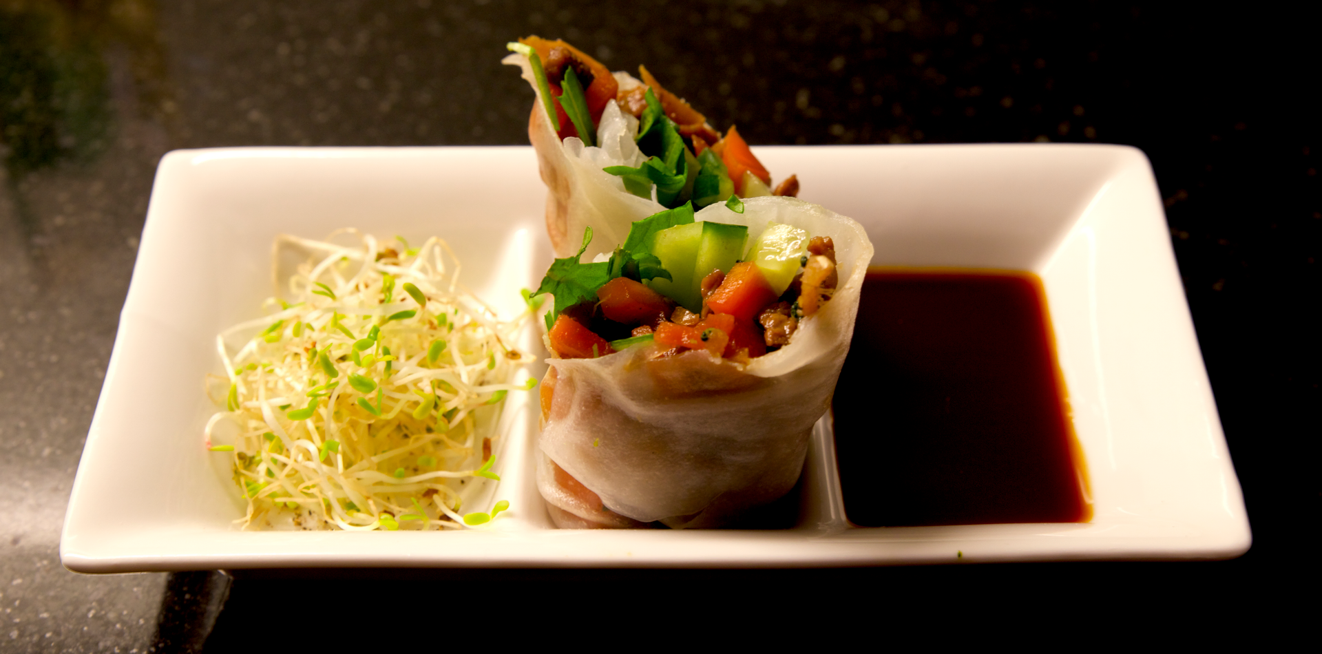 Korean Japchae Spring Rolls with Sesame Dip and Peanut Sauce