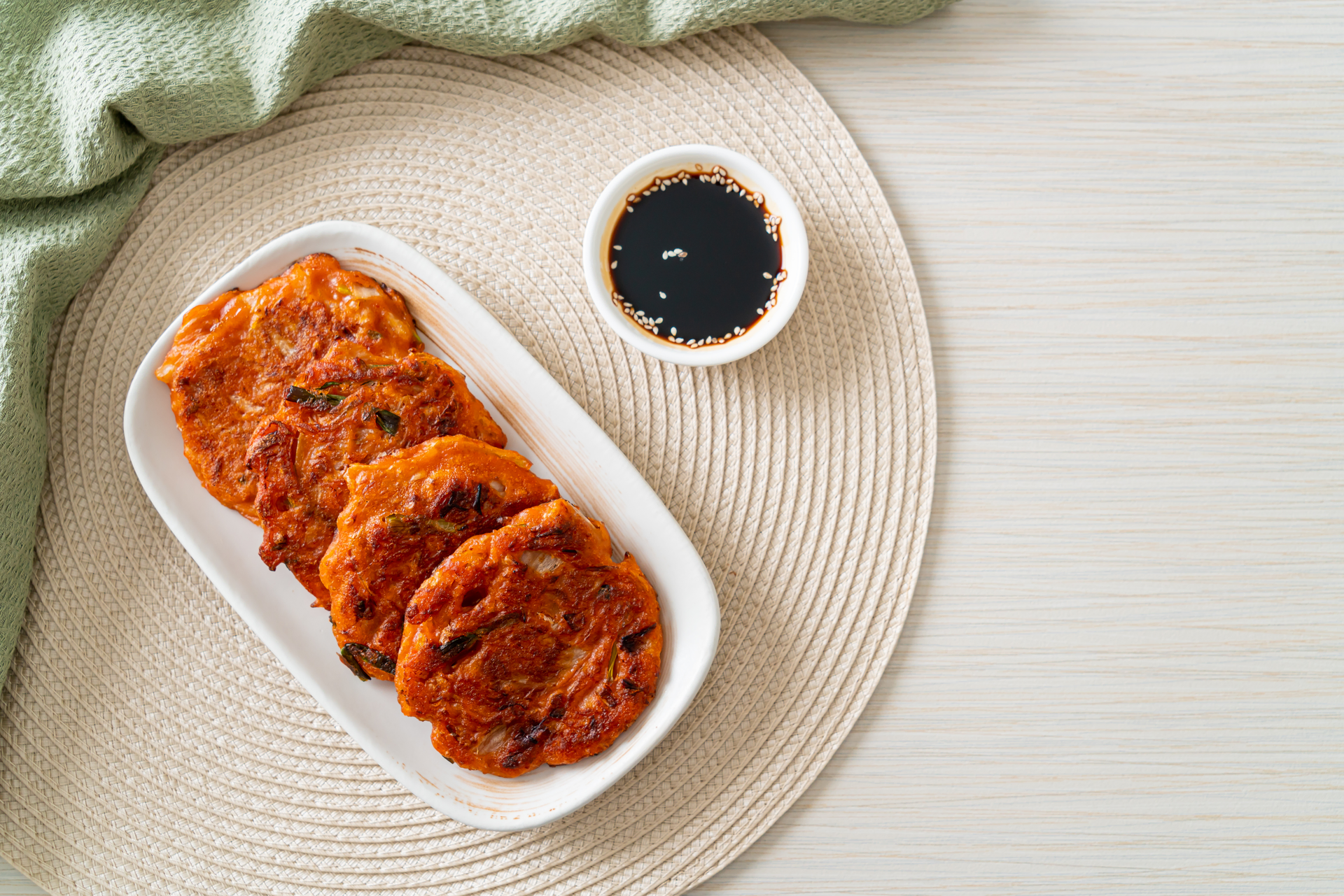 Korean Kimchi Pancakes with Sesame Ginger Sauce