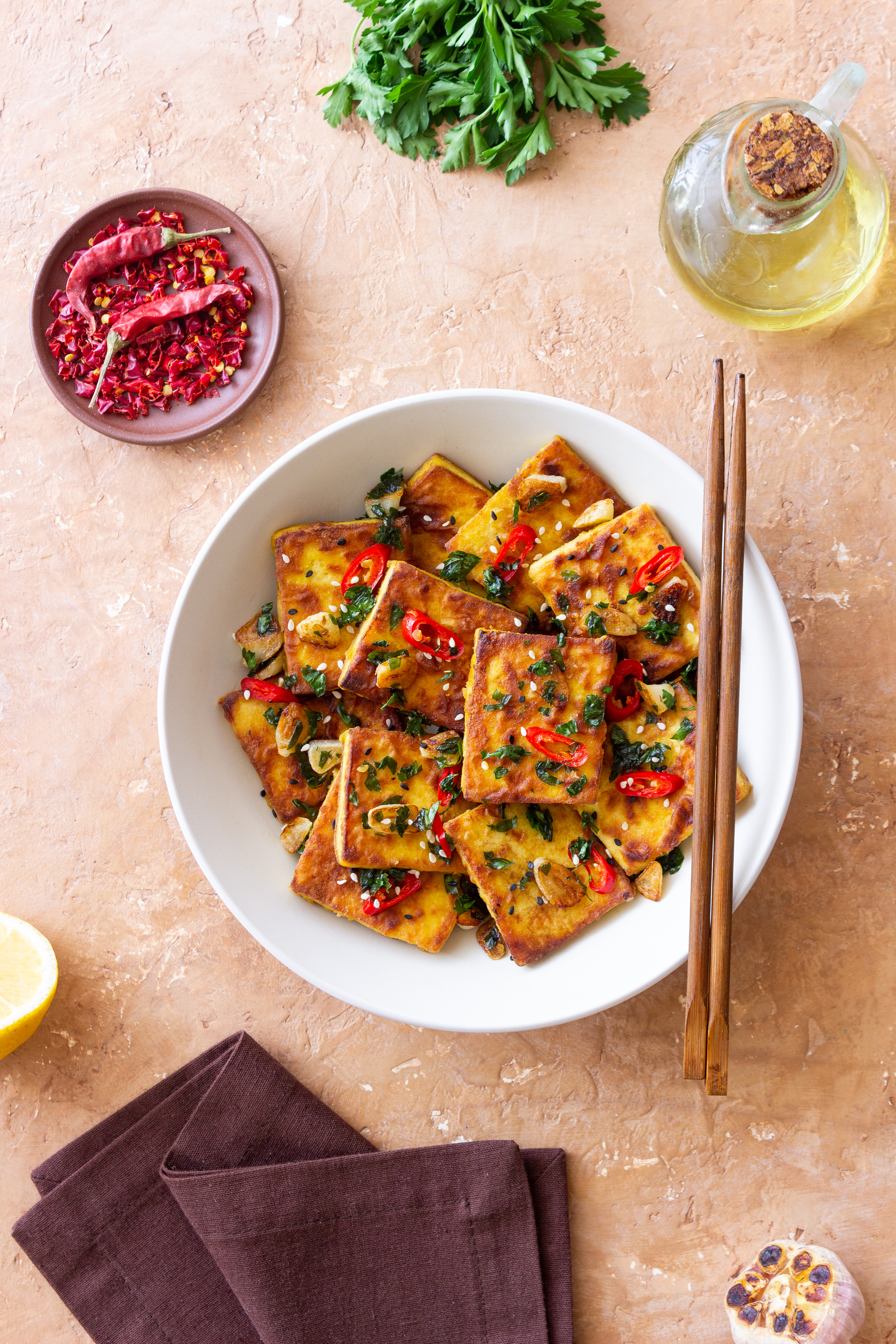 Korean Sesame-Crusted Tofu with Kimchi Slaw and Chili Sauce