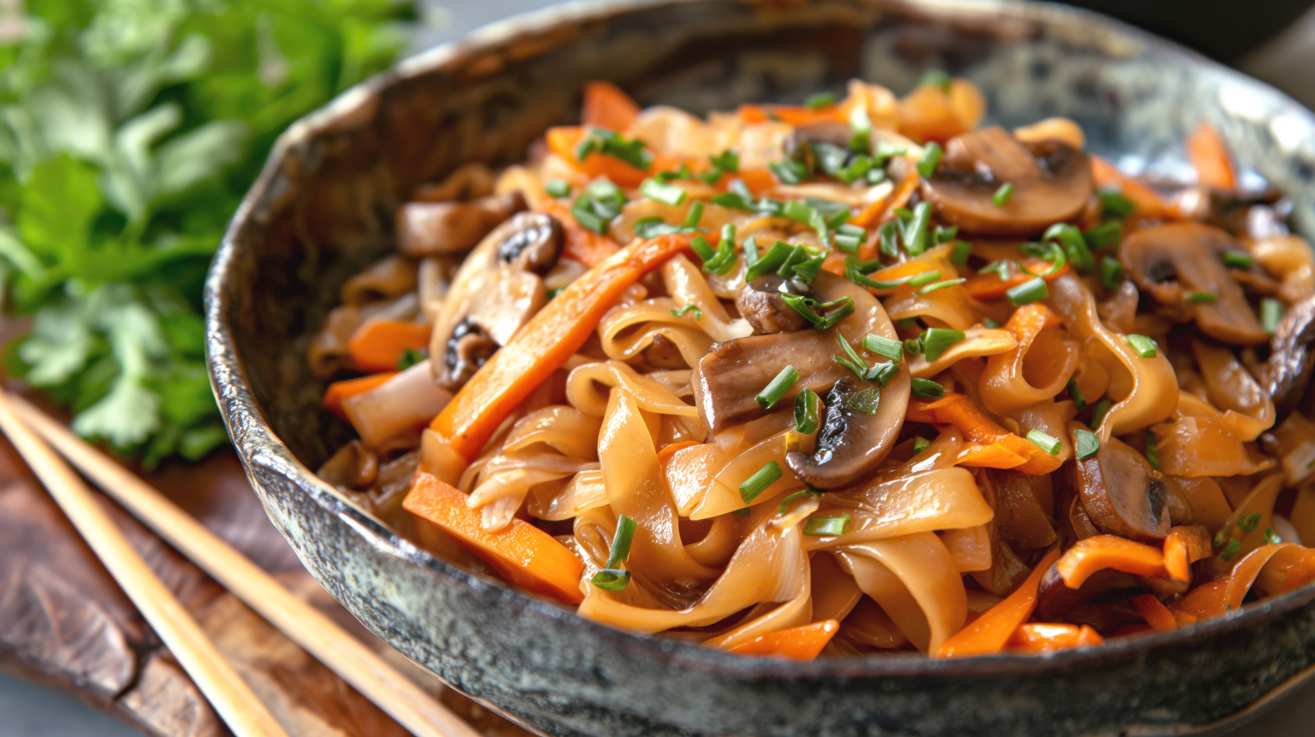 Korean Sweet Potato Glass Noodles with Minari and Mushrooms