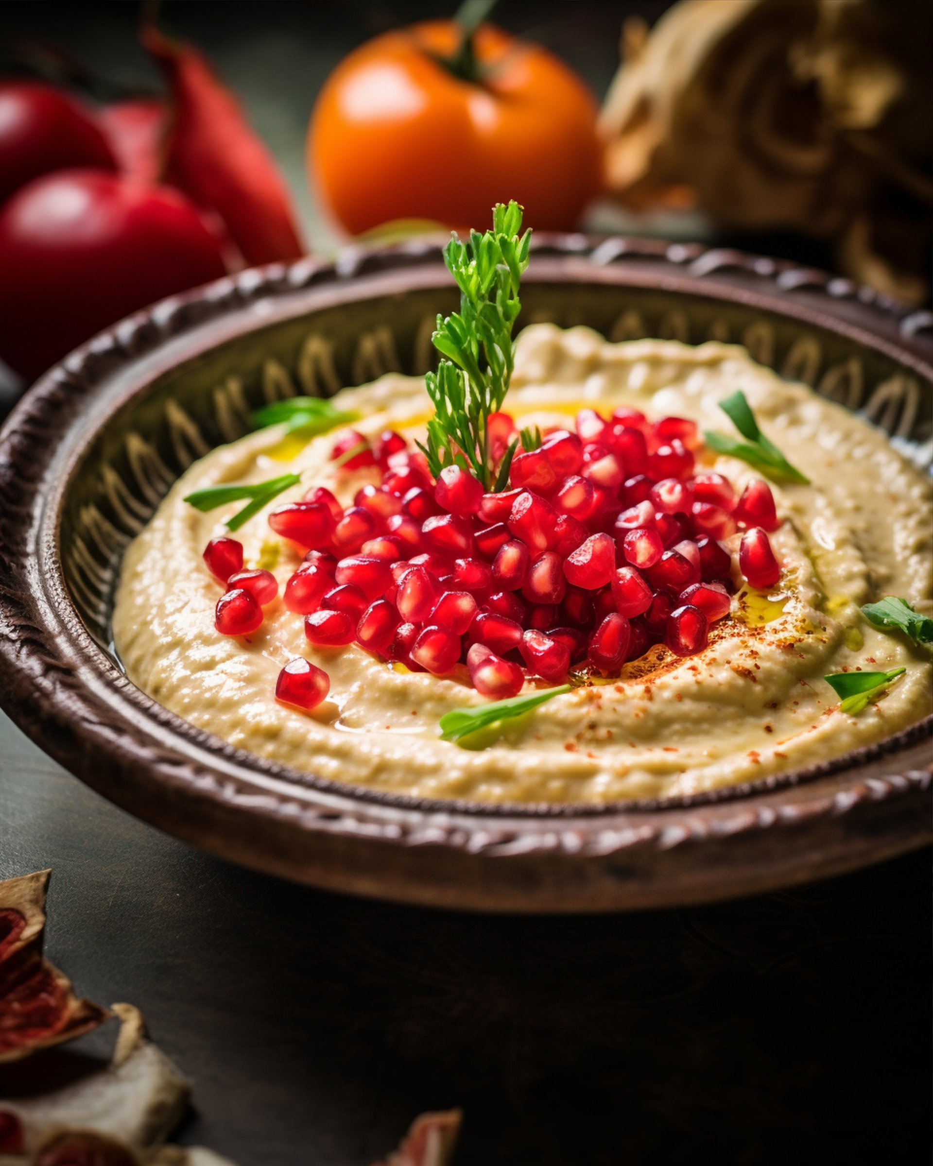 Lebanese Spicy Sumac-Kissed Hummus with Pomegranate Seeds