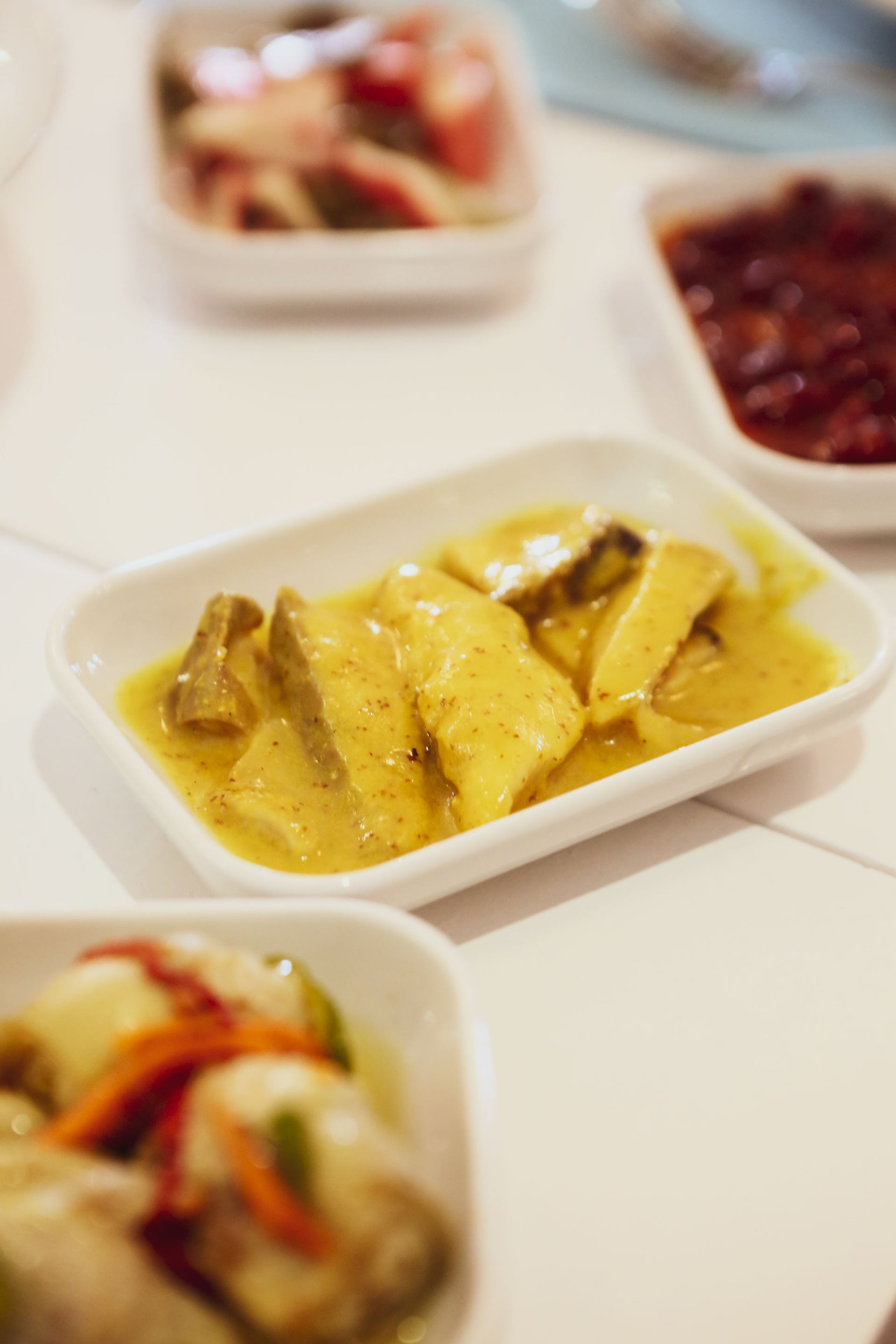 Mauritian Three Curry Saunds with Fermented Mango Chutney