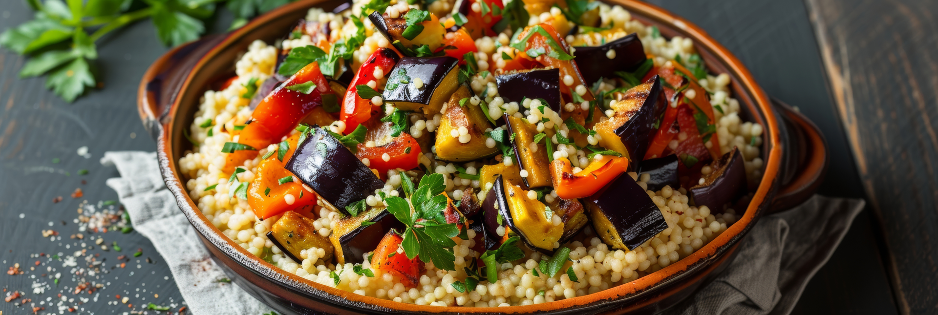 Middle Eastern Freekeh Pilaf with Roasted Eggplant and Apricots