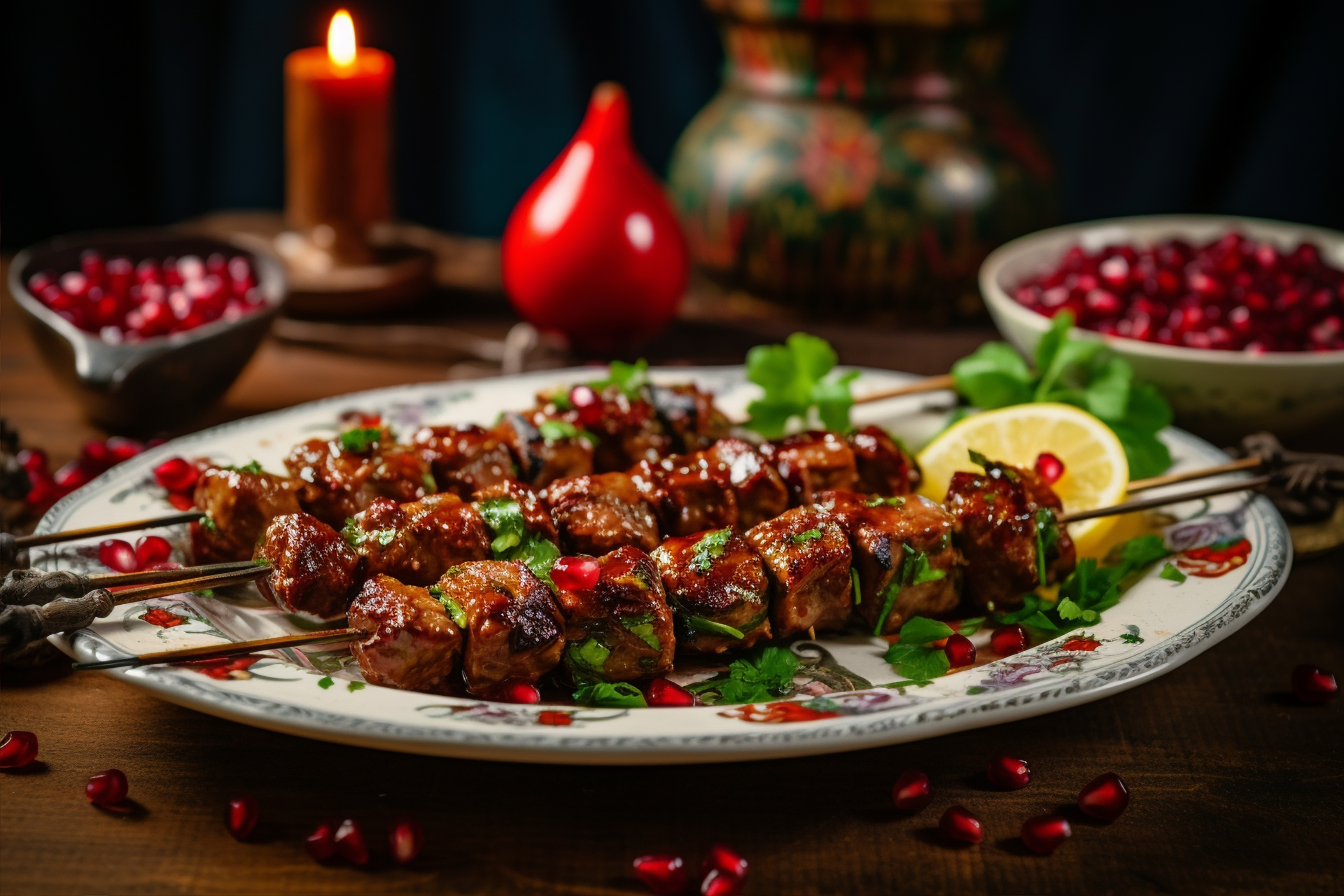 Moroccan Rose Harissa Lamb Skewers with Pomegranate Glaze