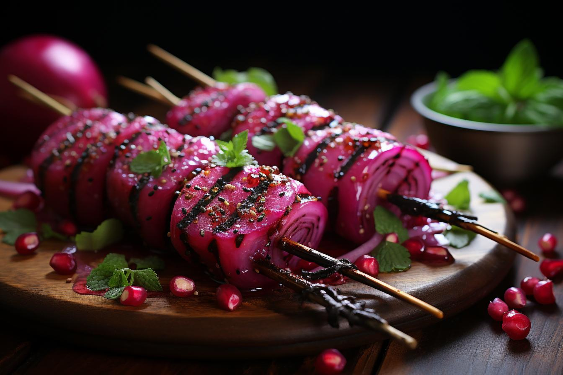 Moroccan Rose Harissa Lamb Skewers with Pomegranate Glaze