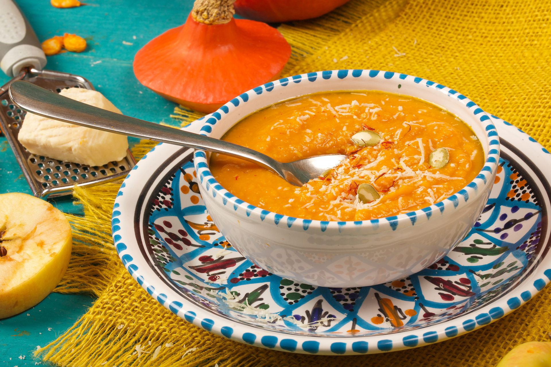 Moroccan Spiced Pumpkin Soup with Harissa Croutons