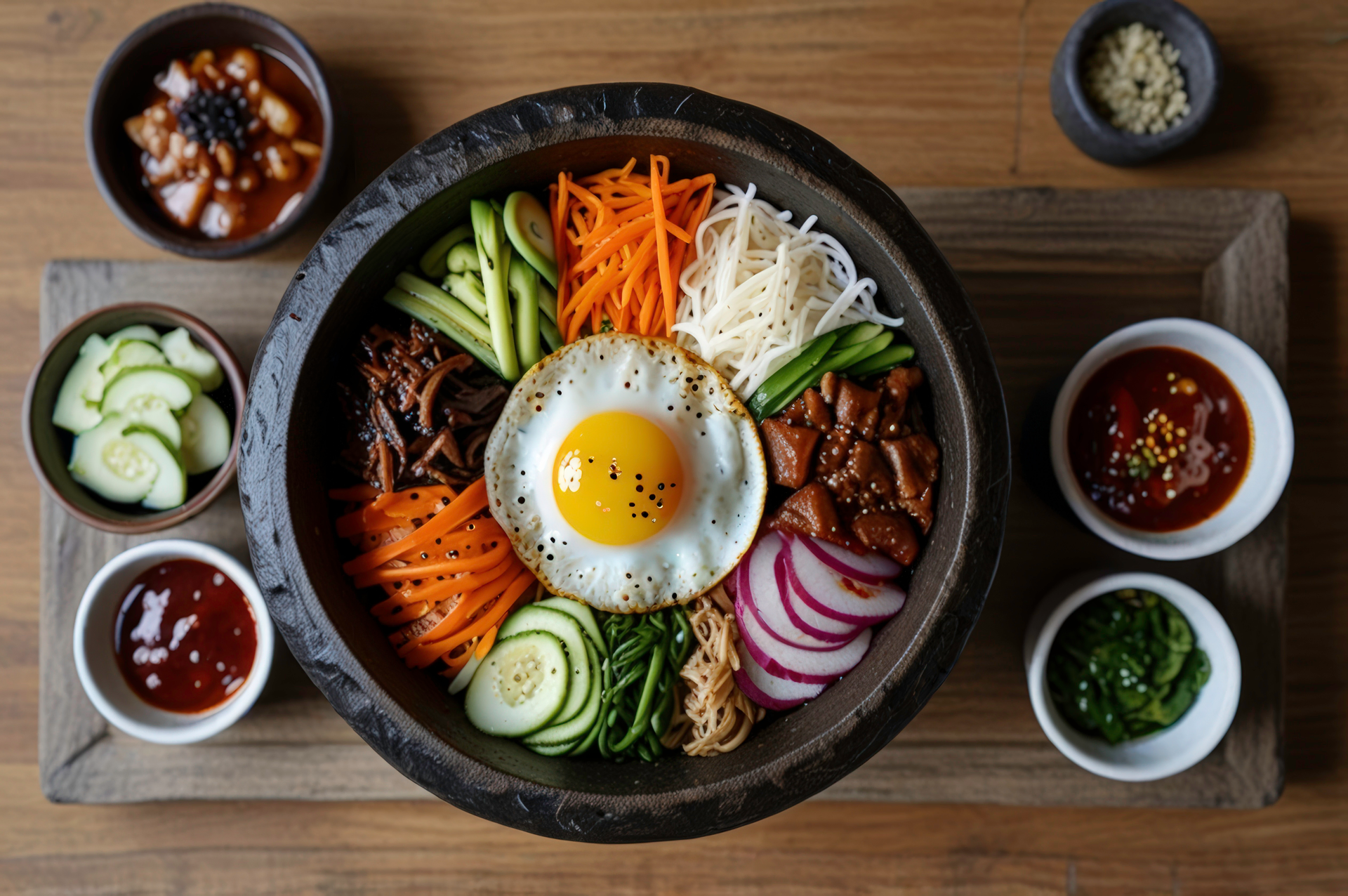 Savory Korean Bibimbap Sampler with Quail Eggs and Chili Threads