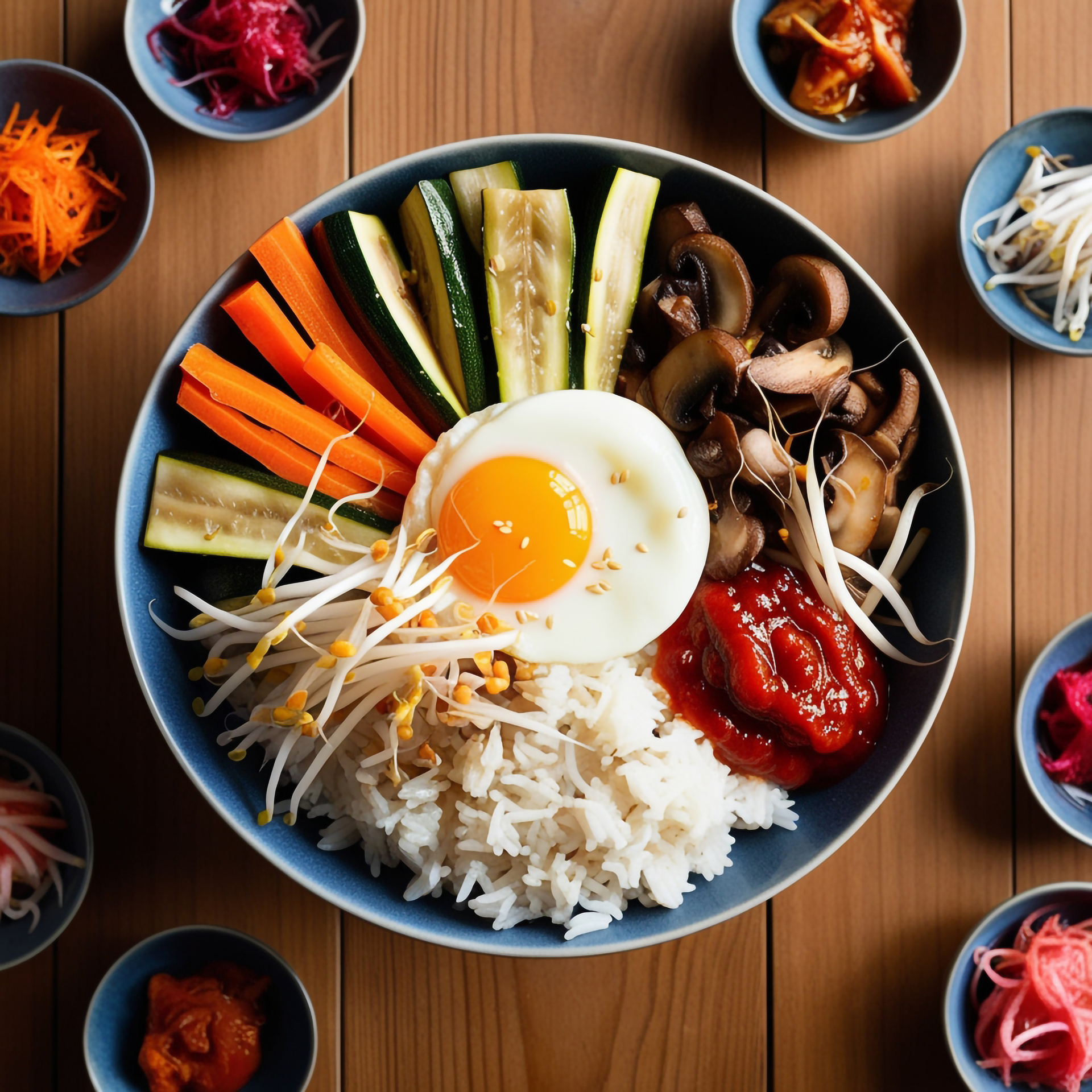 Savory Korean Bibimbap Sampler with Quail Eggs and Chili Threads