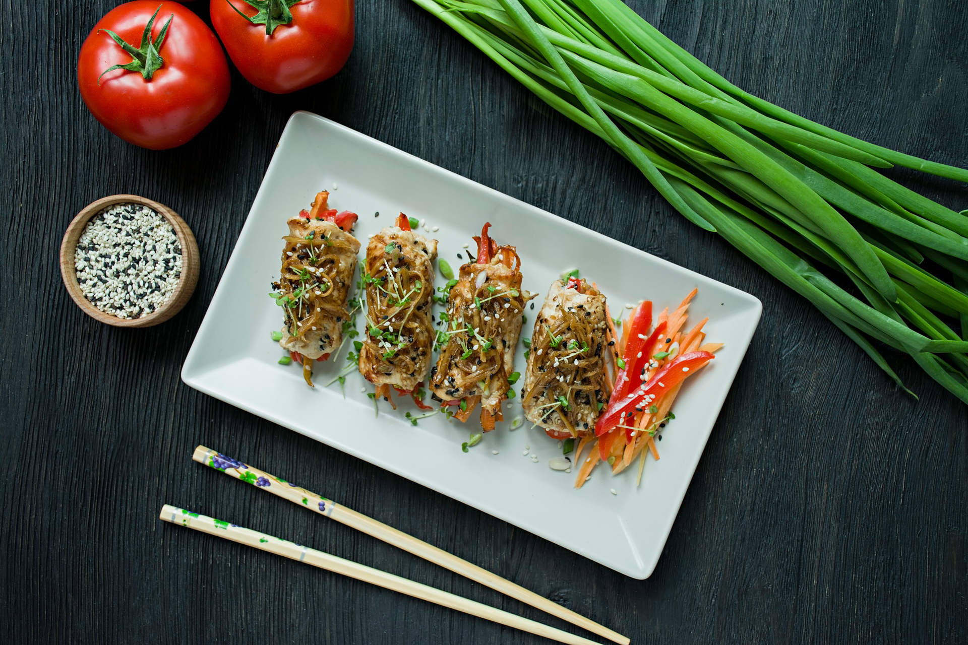 Savory Korean Japchae Spring Rolls with Sesame Dip
