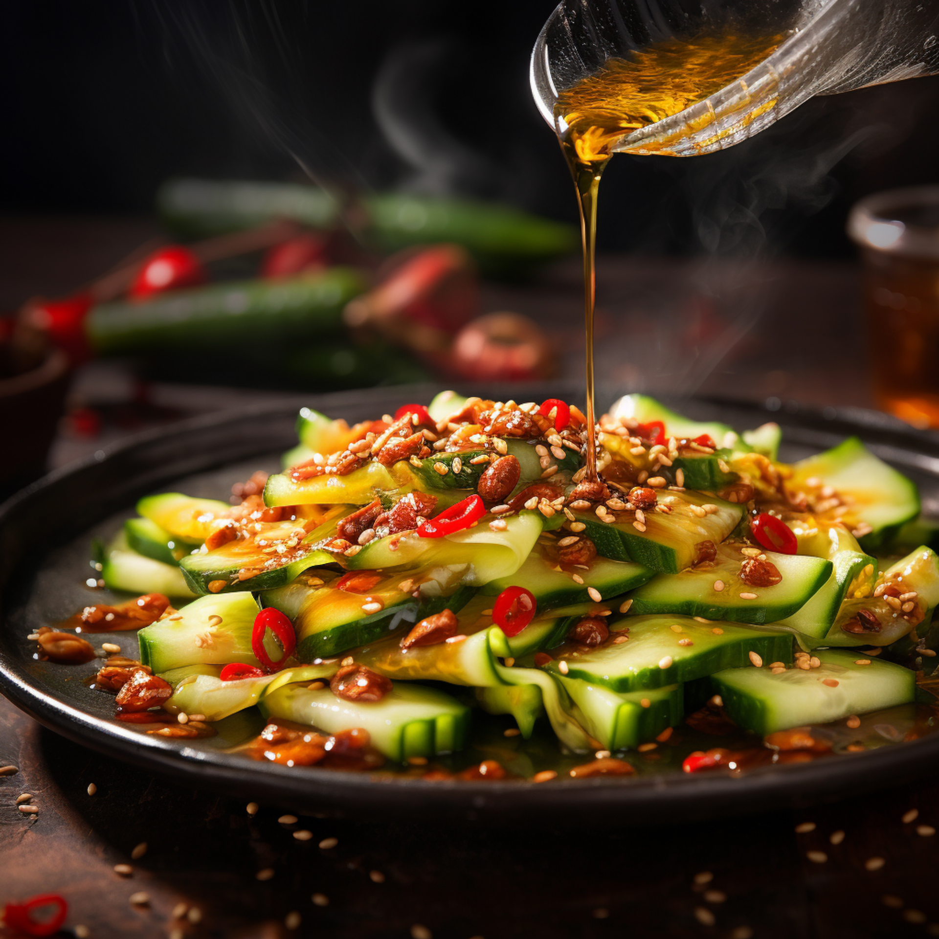Savory Sichuan Cucumber Salad with Chili Oil Drizzle