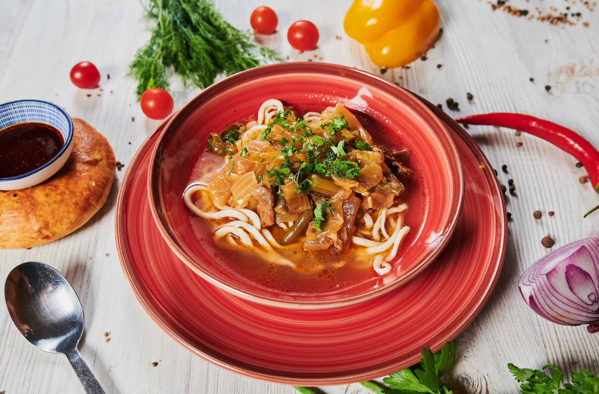 Smoky Uzbek Lagman Soup with Lamb and Noodles