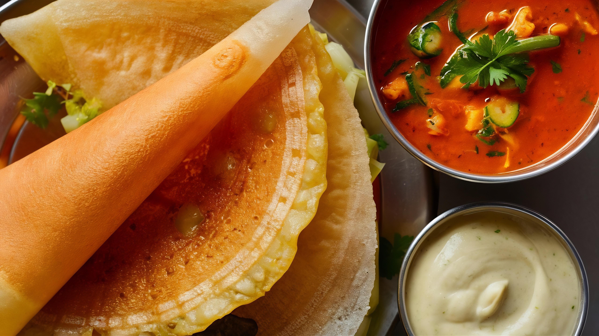 Spicy Chettinad Masala Dosa with Potato Filling and Coconut Chutney