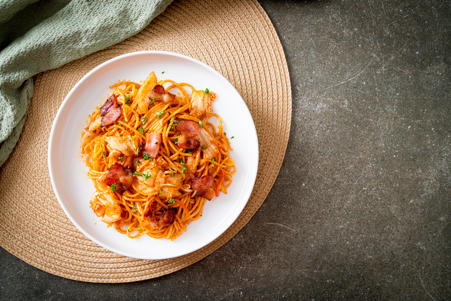 Spicy Korean Kimchi Carbonara with Perilla Leaves
