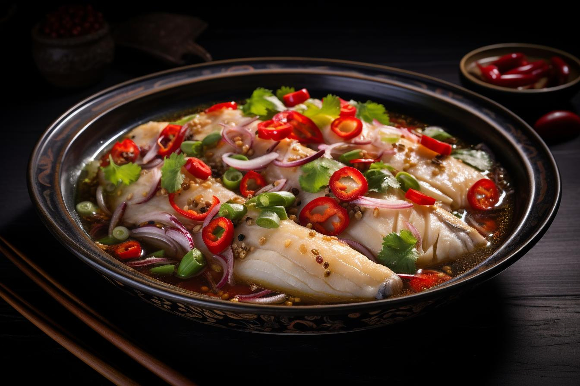 Spicy Sichuan Boiled Fish with Bean Sprouts and Chili Oil