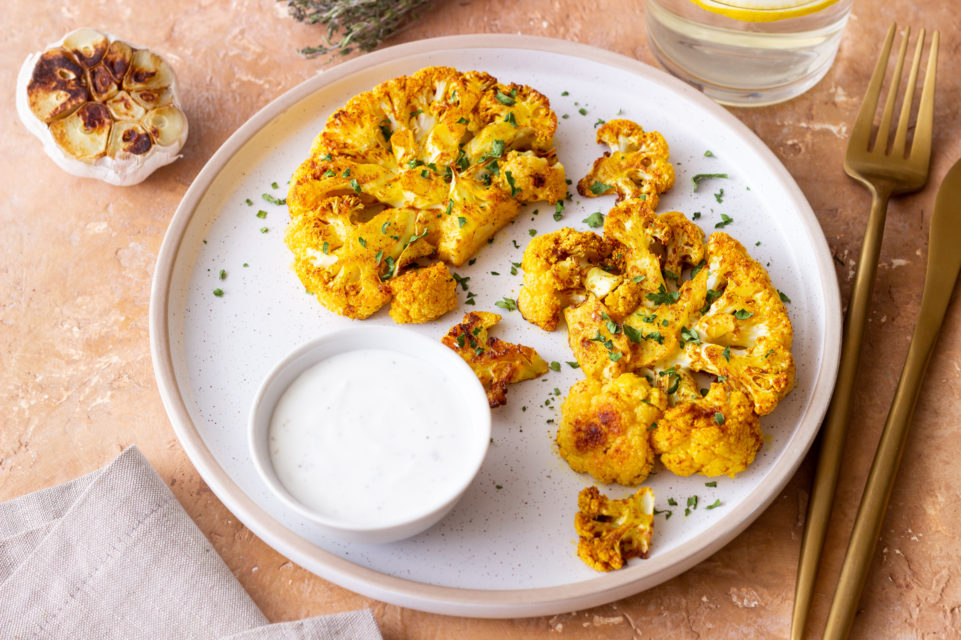 Tandoori Spiced Cauliflower Steaks with Coriander Yogurt Sauce