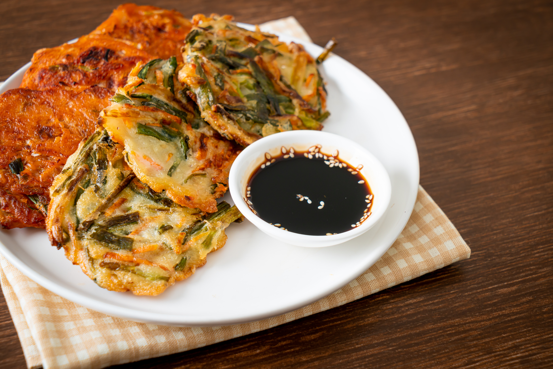 Tangy Korean Kimchi Pancakes with Scallion and Soy Dipping Sauce