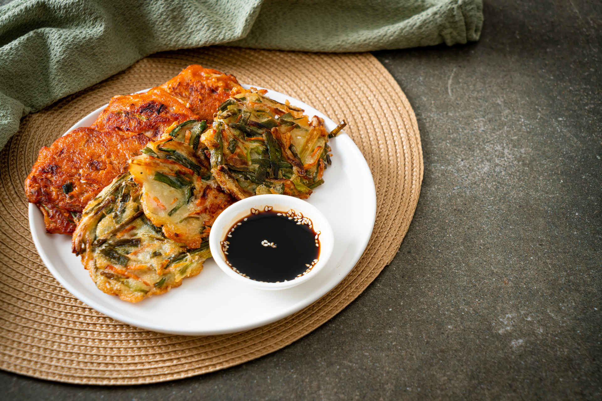 Tangy Korean Kimchi Pancakes with Scallion and Soy Dipping Sauce