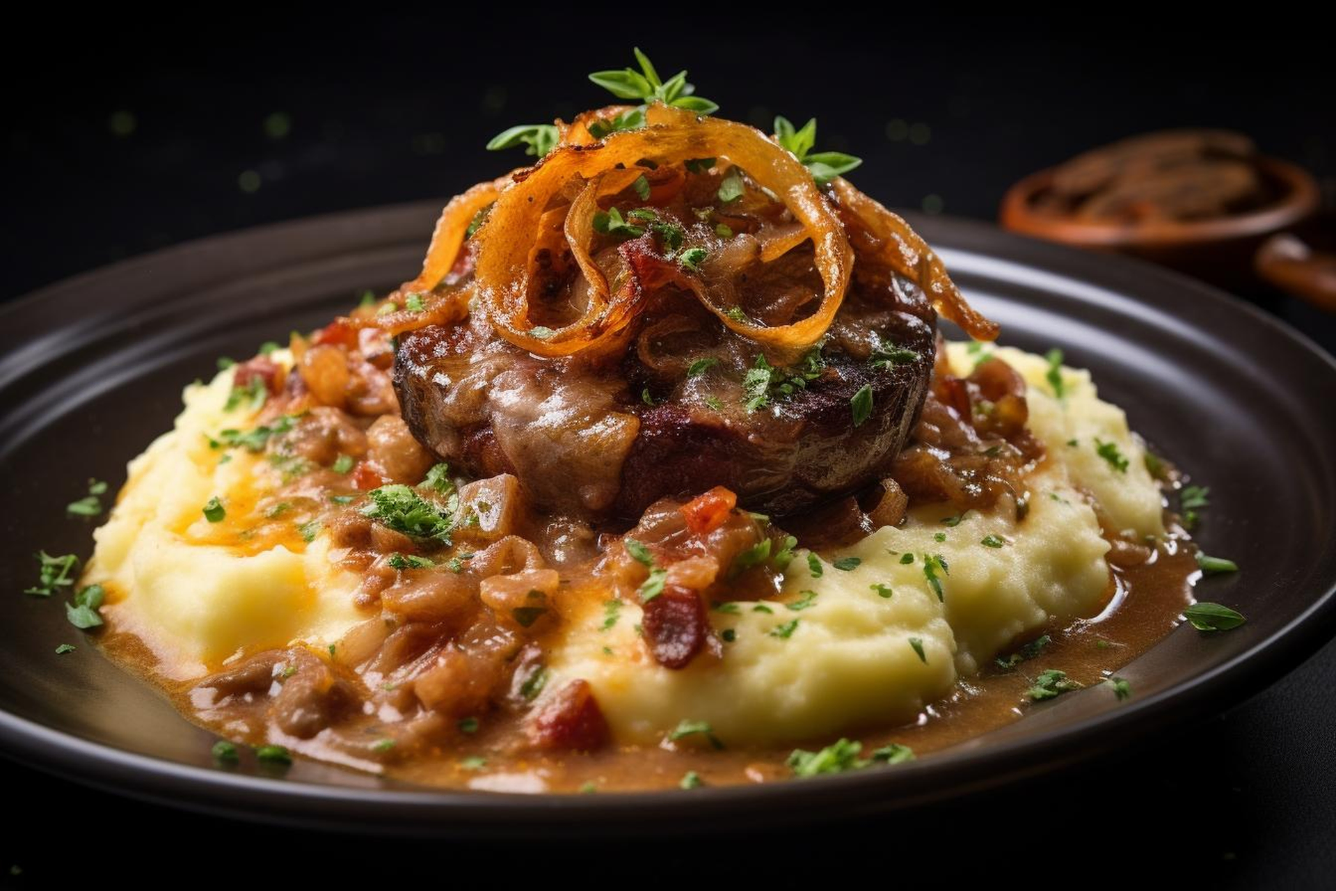 Tender Guinness Beef Stew with Caramelized Shallots on Mashed Potatoes