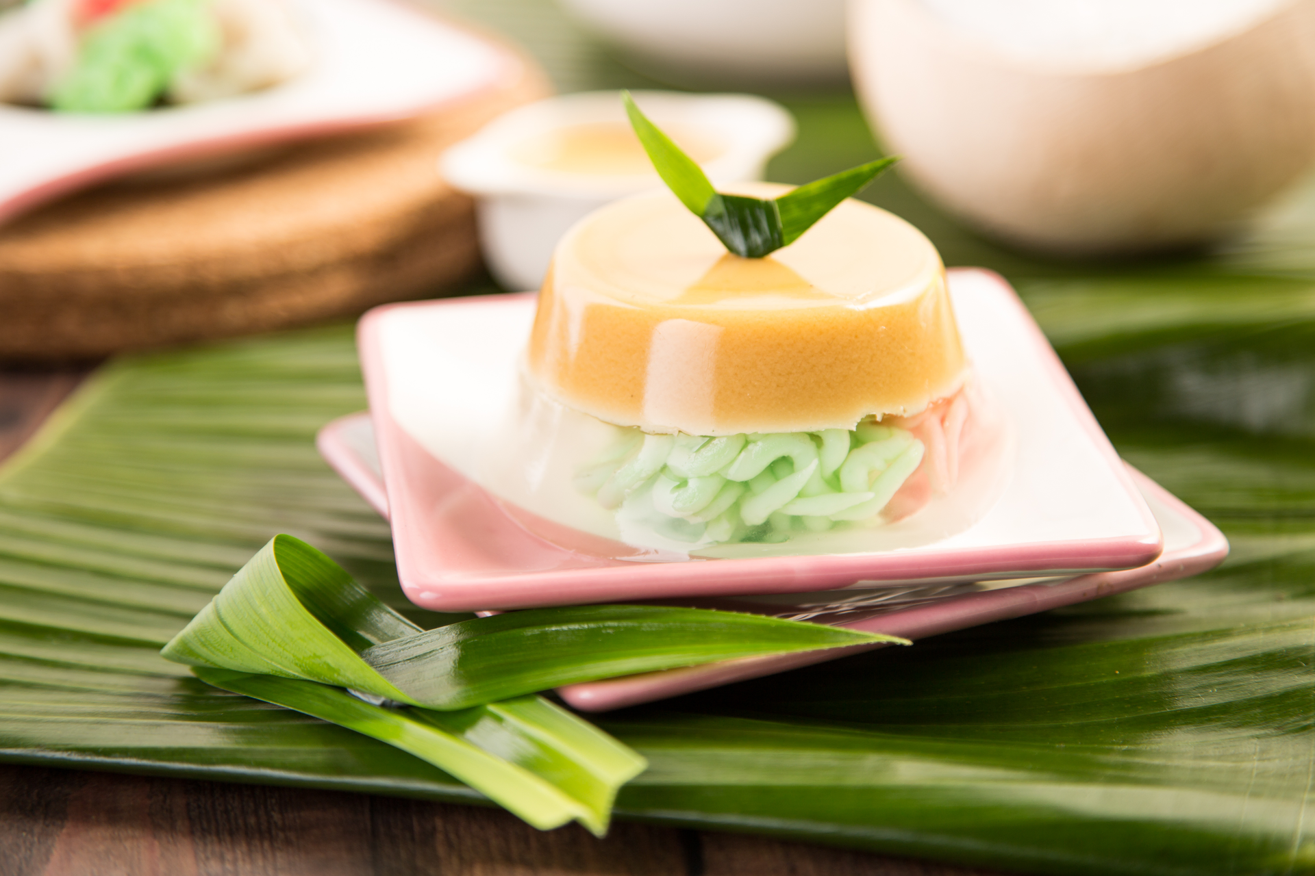 Thai Coconut Pandan Leaf Cake with Palm Sugar Syrup