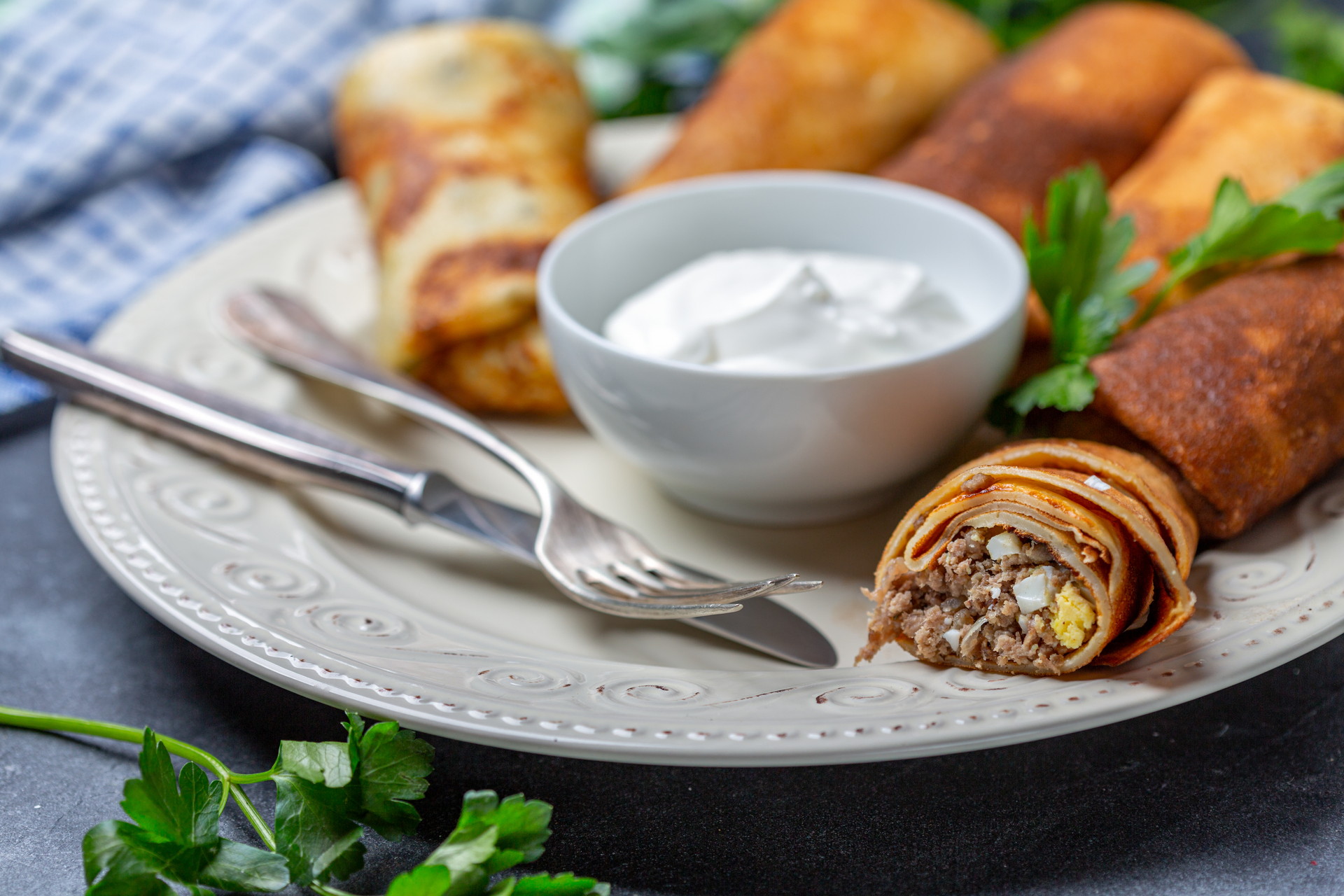 Ukrainian Salo-Wrapped Spring Onion Rolls with Horseradish Cream