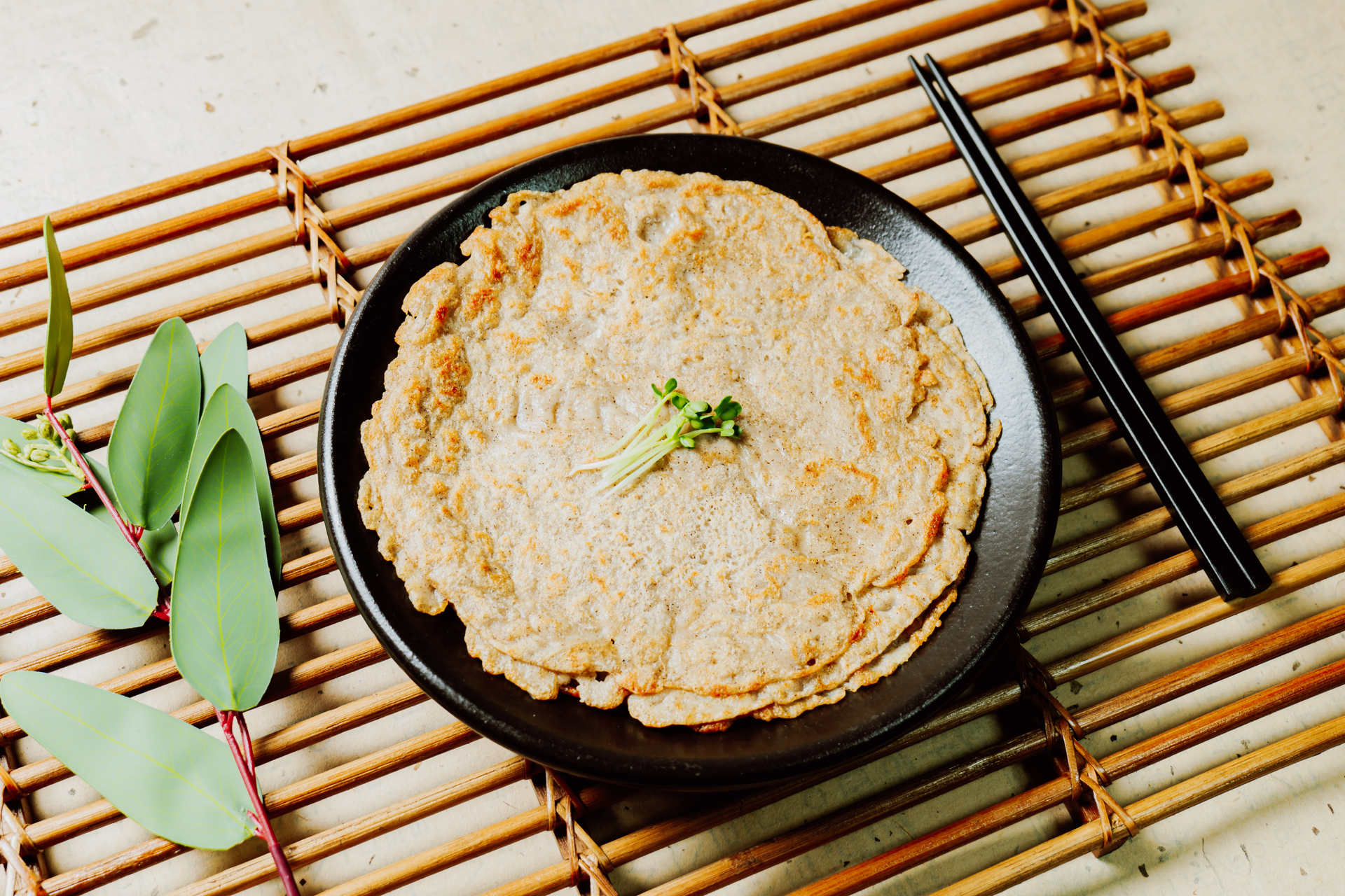 Umami-Crusted Korean Kimchi Pancakes with Sesame Leaf