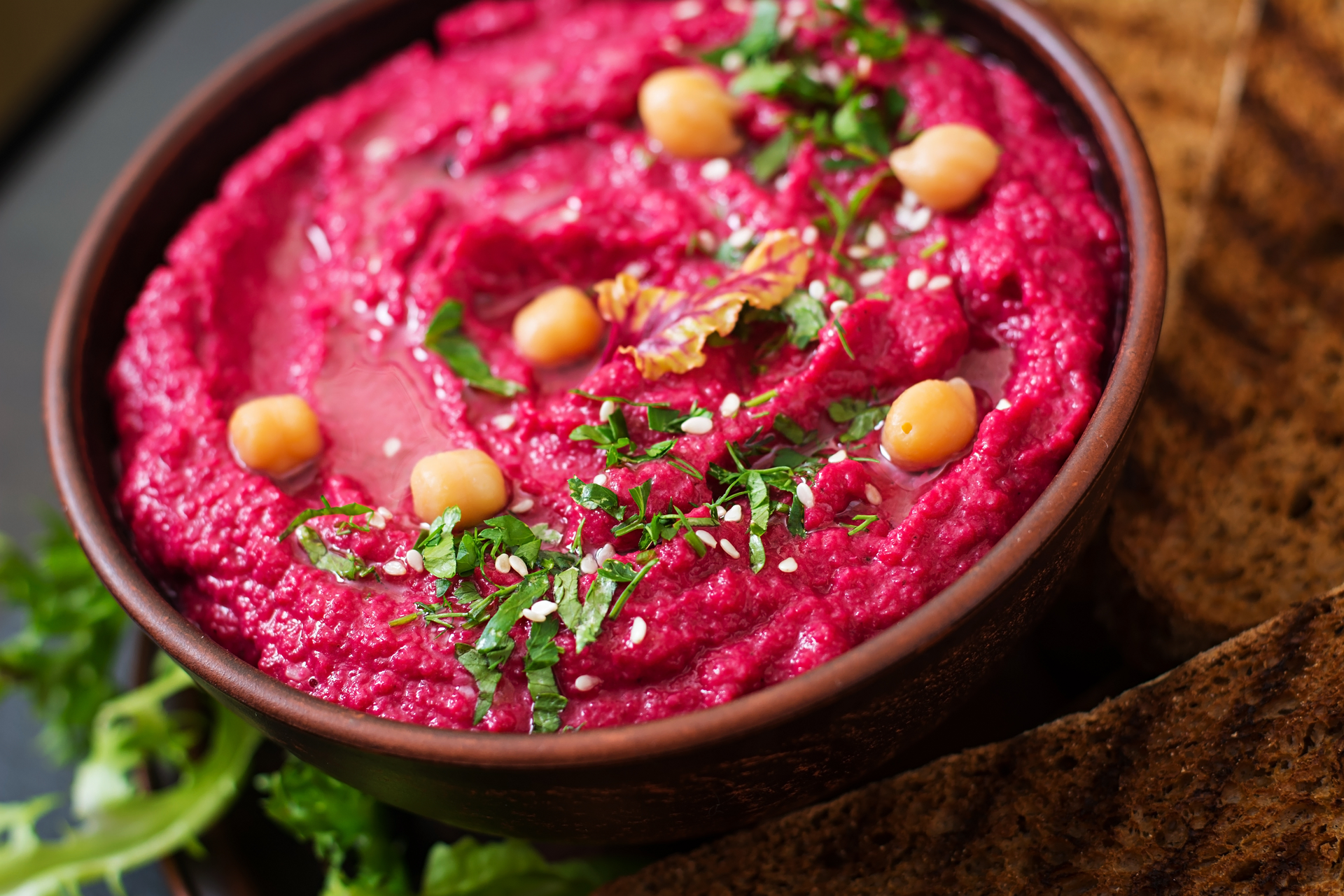 Za'atar Roasted Beet Hummus with Crunchy Chickpea Topping