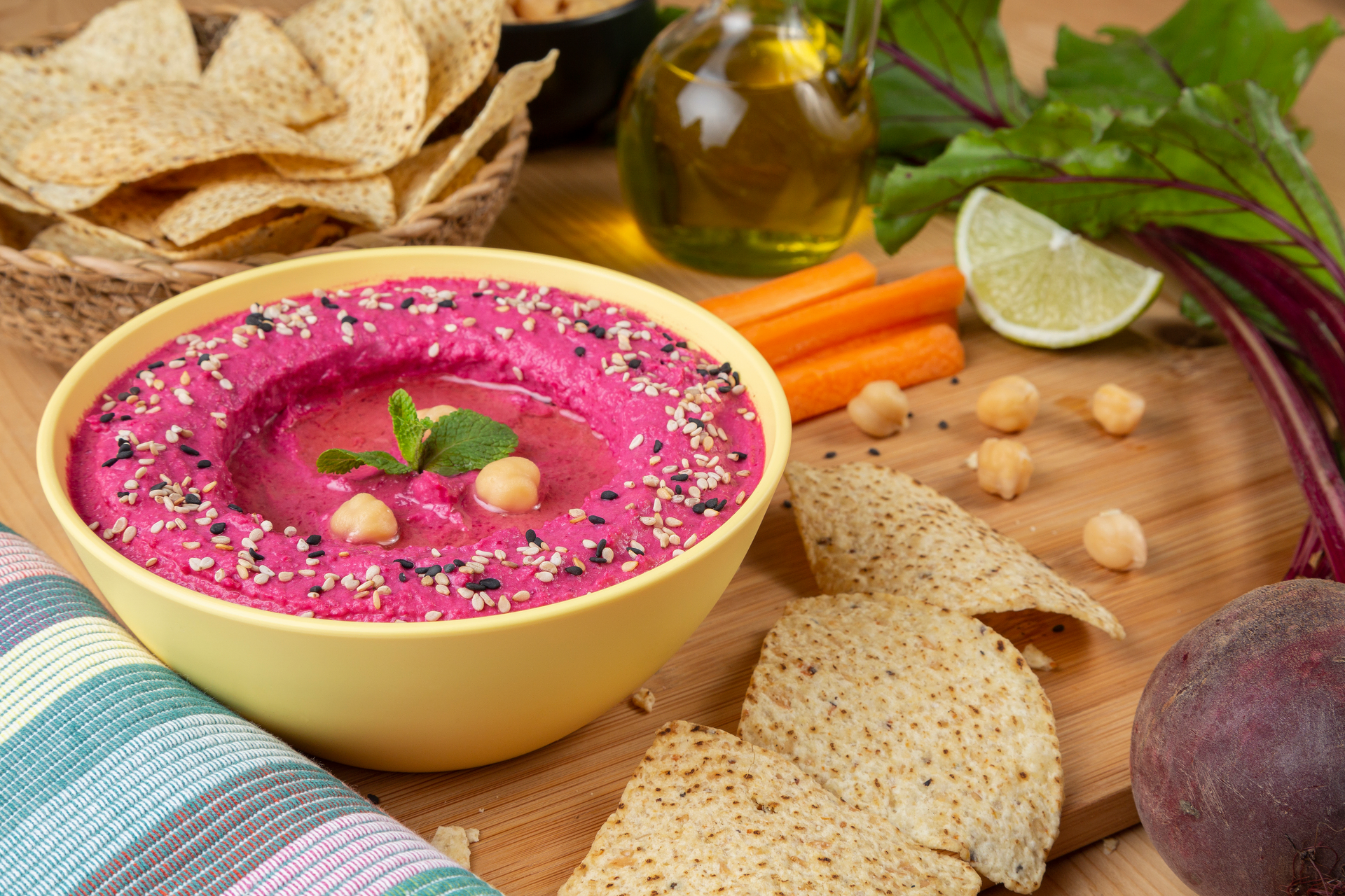 Za'atar Roasted Beet Hummus with Crunchy Chickpea Topping